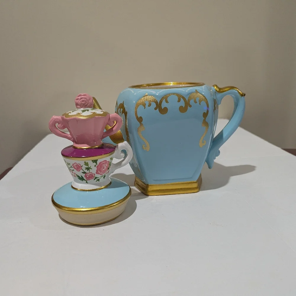 Alice In Wonderland, Elegant Blue and Gold Teapot with Pink Floral Lid 11"X9" - Picture 9 of 13